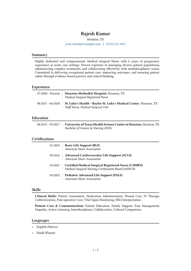 Medical Surgical Nurse Resume Example CV template preview