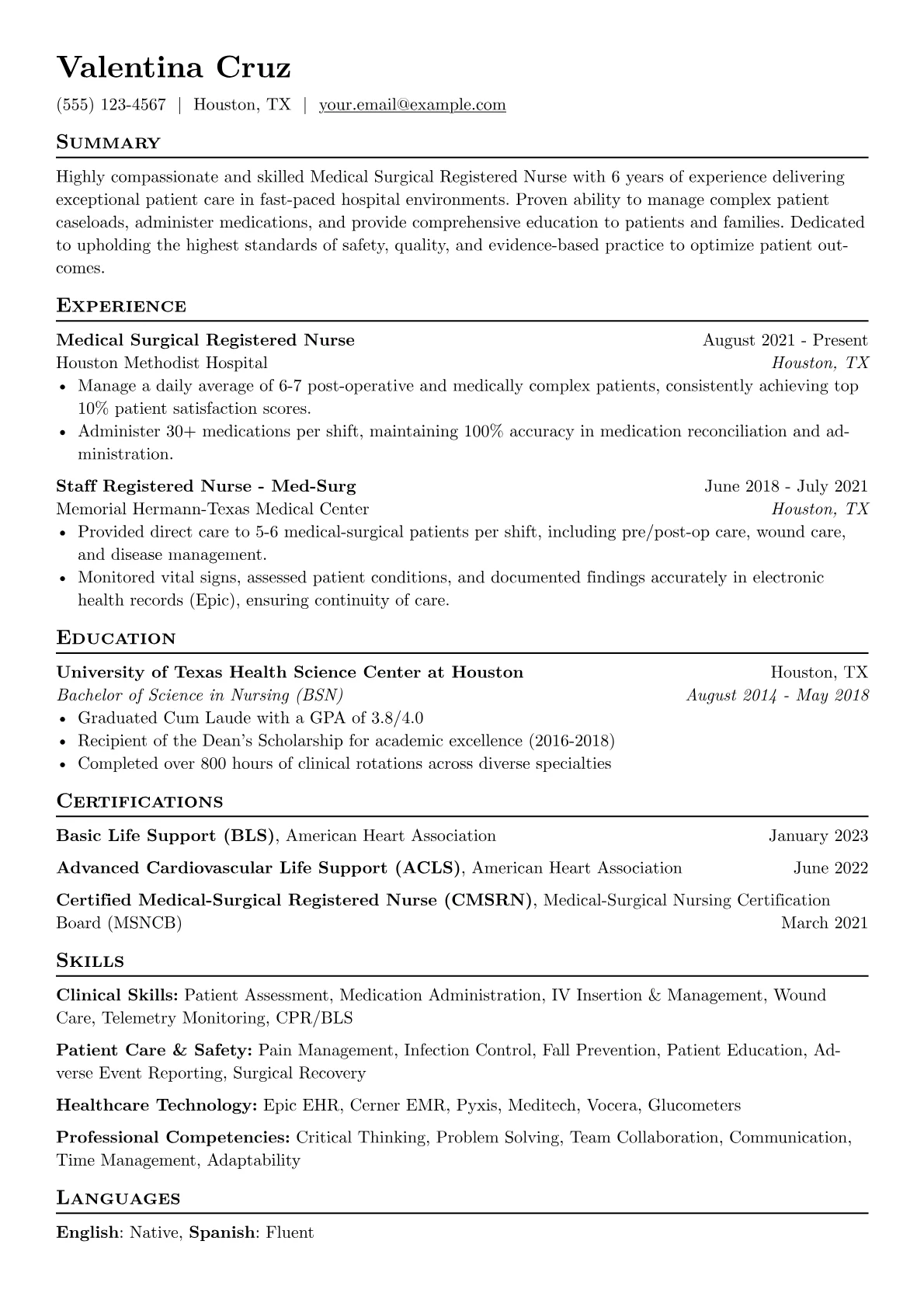 Medical Surgical Registered Nurse Resume Example CV template - Page 1