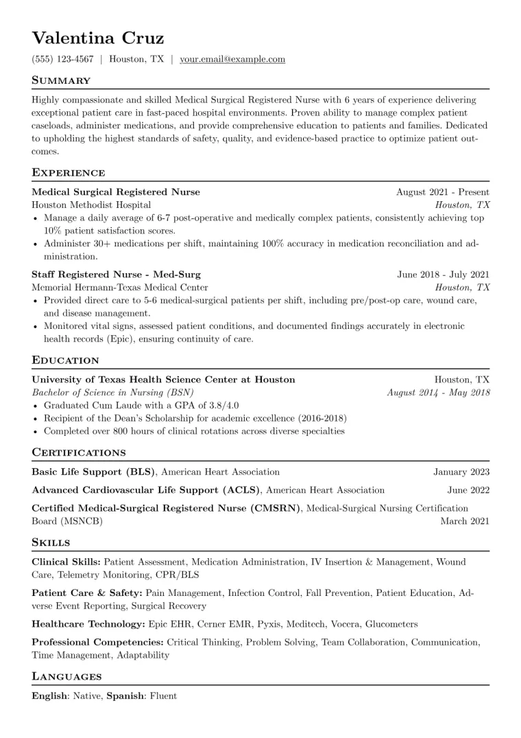 Medical Surgical Registered Nurse Resume Example CV template preview