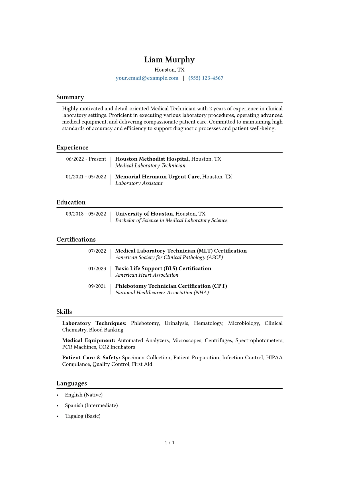 Medical Technician Resume Example CV template - Page 1