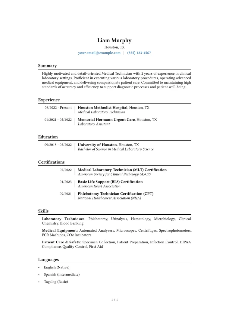 Medical Technician Resume Example CV template preview