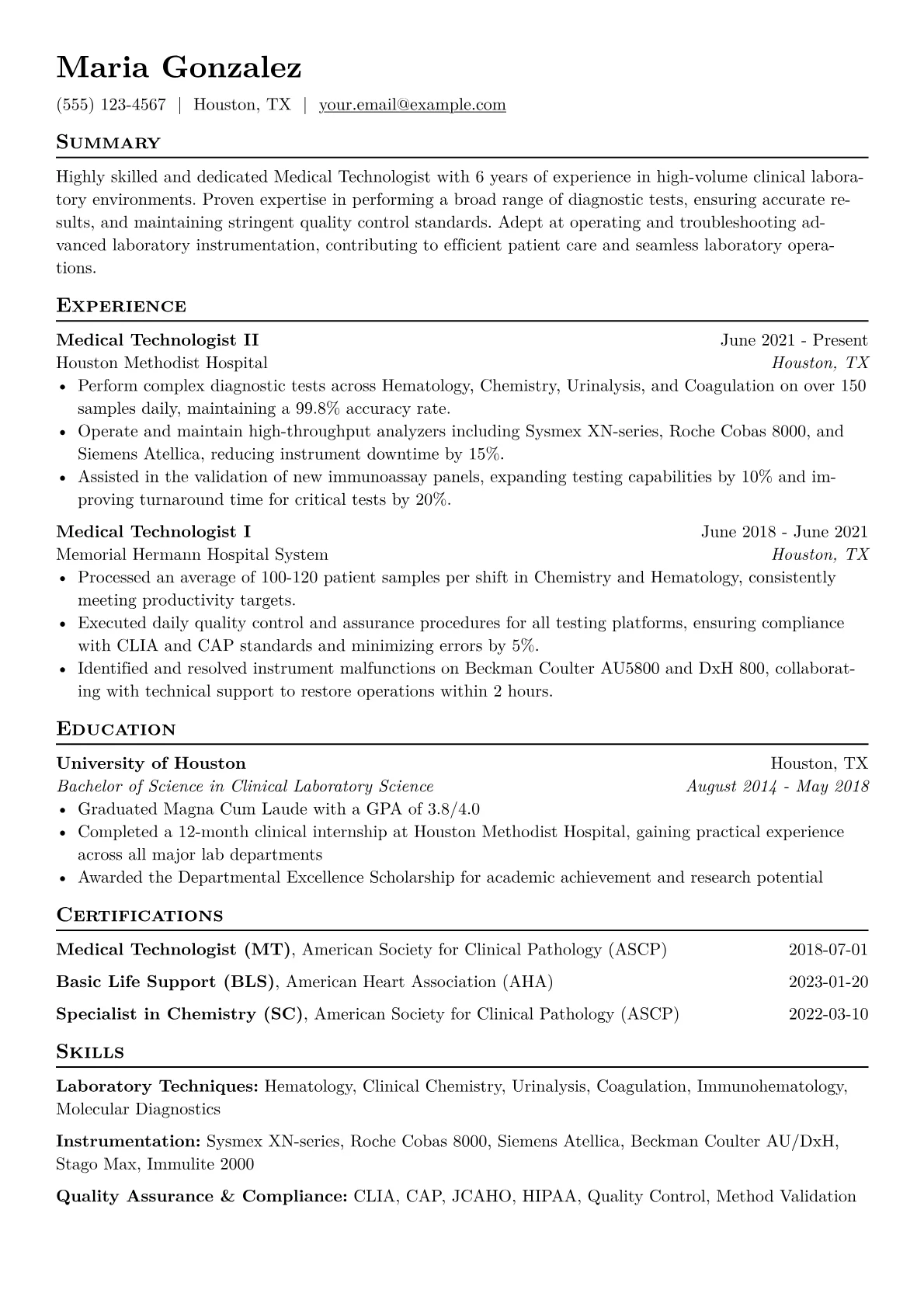 Medical Technologist Resume Example CV template - Page 1