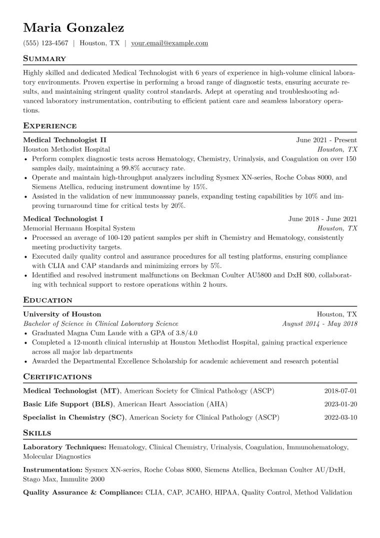 Medical Technologist Resume Example