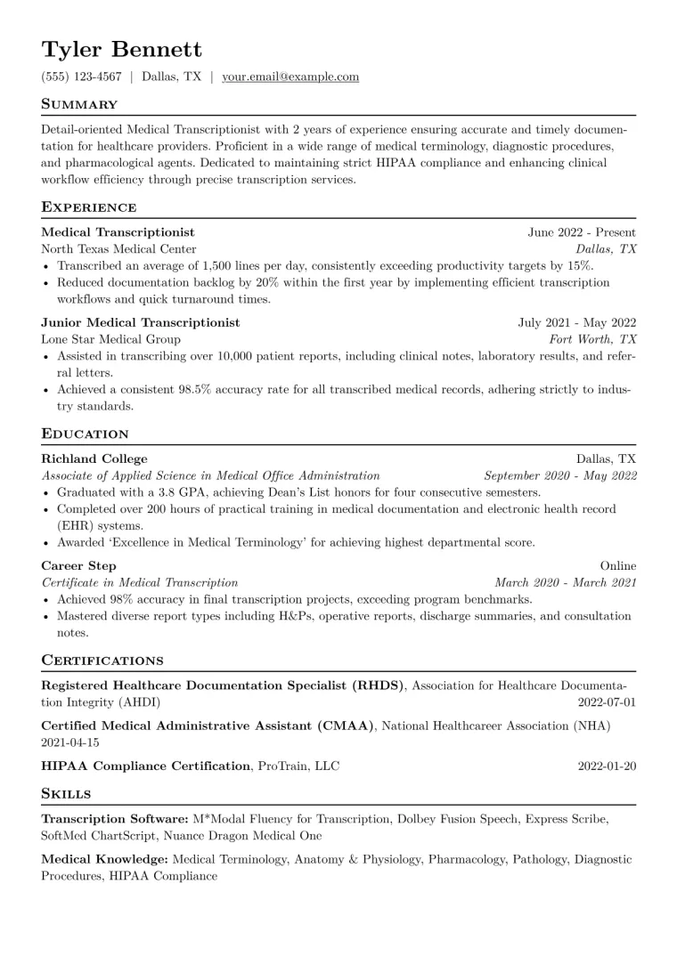 Medical Transcriptionist Resume Example CV template preview