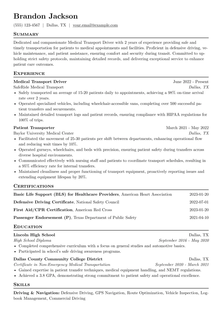 Medical Transport Driver Resume Example CV template preview