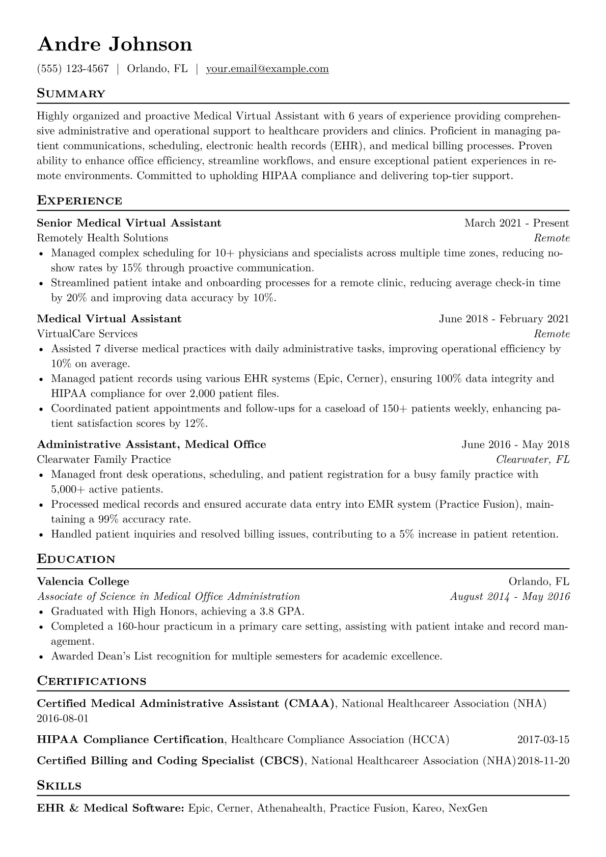 Medical Virtual Assistant Resume Example CV template - Page 1