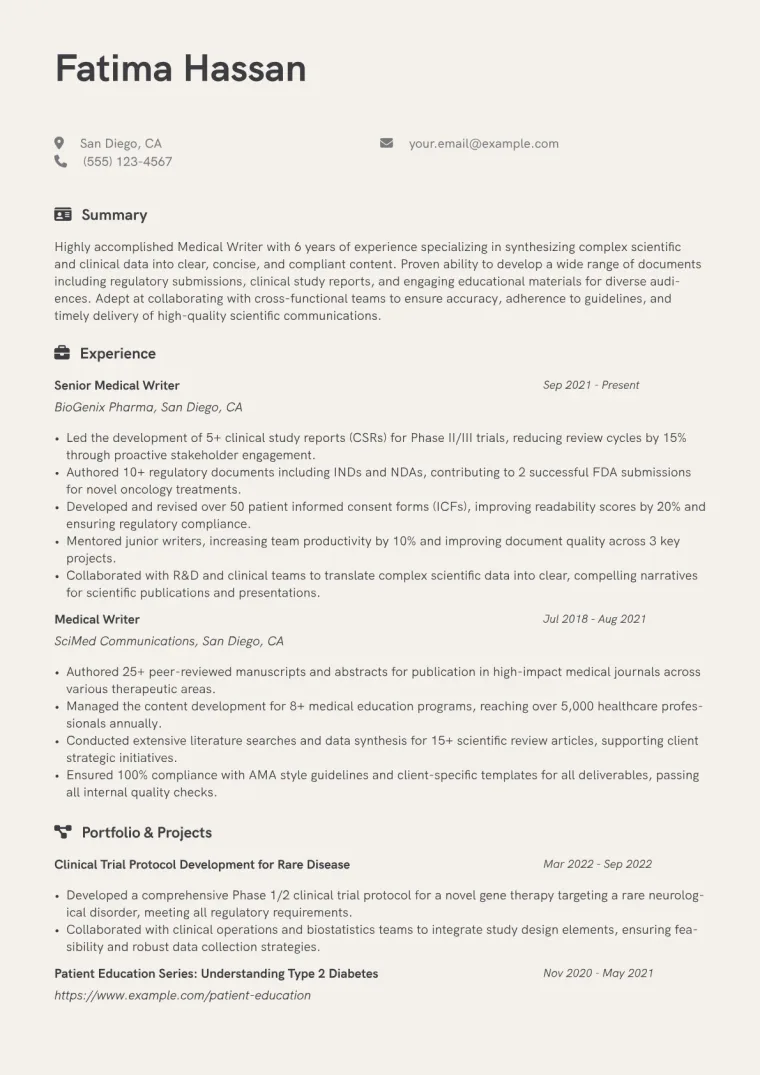 Medical Writer Resume Example