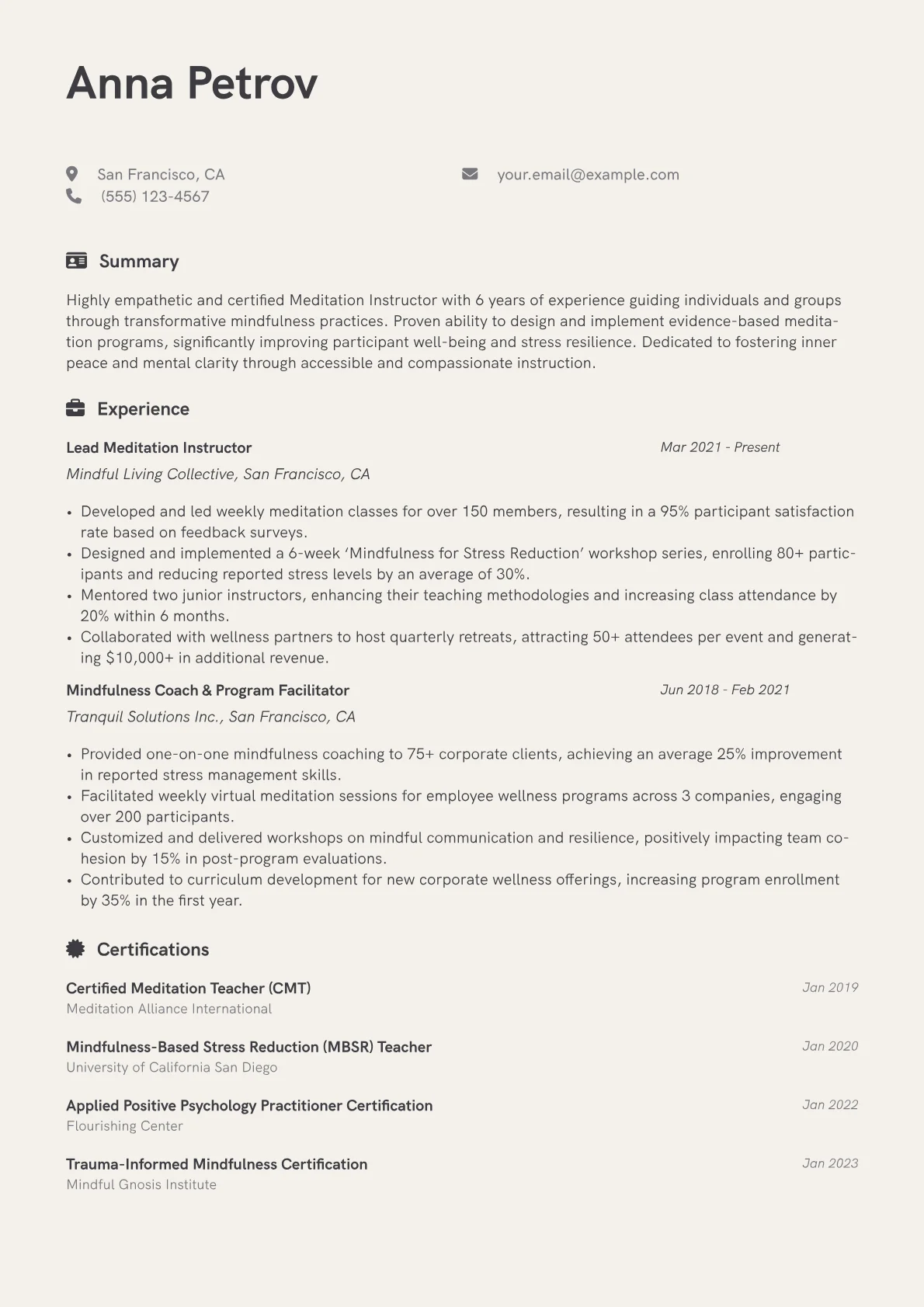 Meditation Instructor Resume Example CV template - Page 1