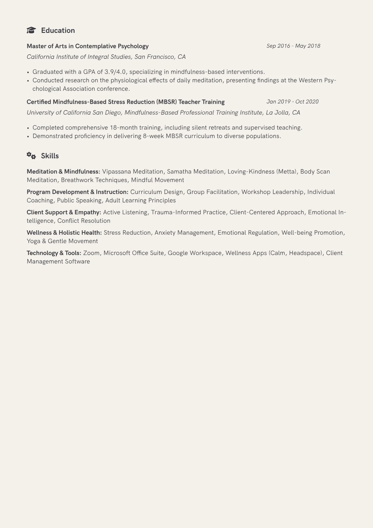 Meditation Instructor Resume Example CV template - Page 2