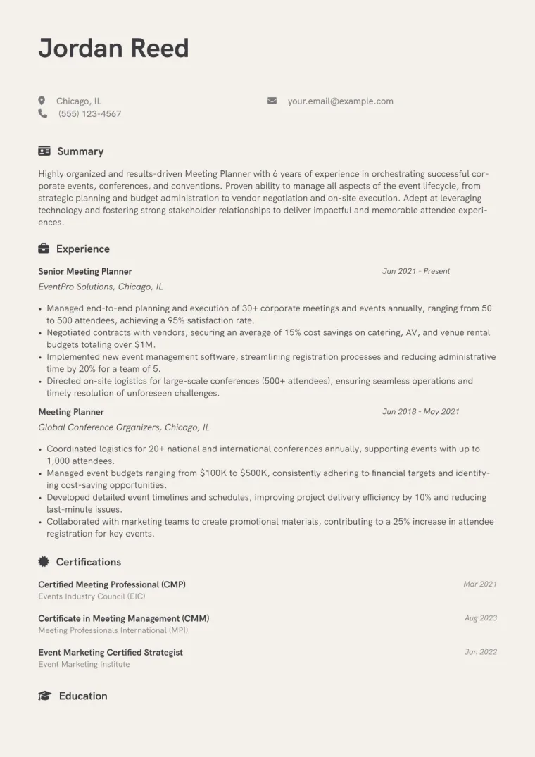 Meeting Planner Resume Example CV template preview
