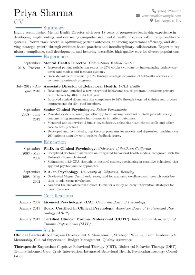 Mental Health Director Resume Example CV template preview