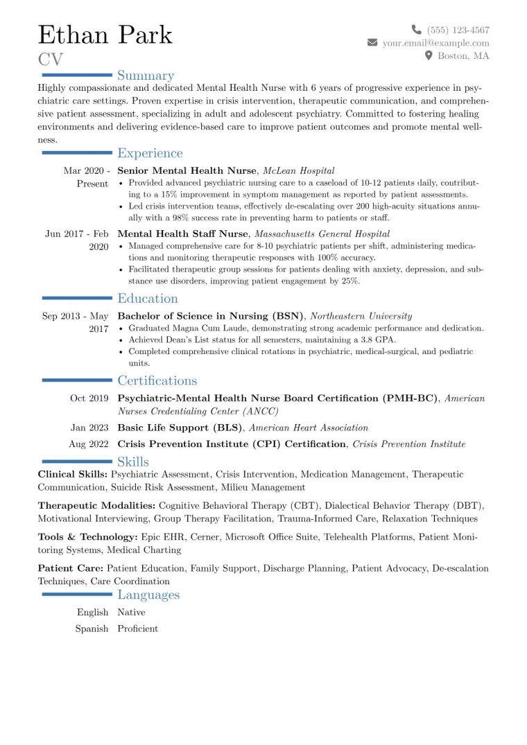Mental Health Nurse Resume Example CV template preview