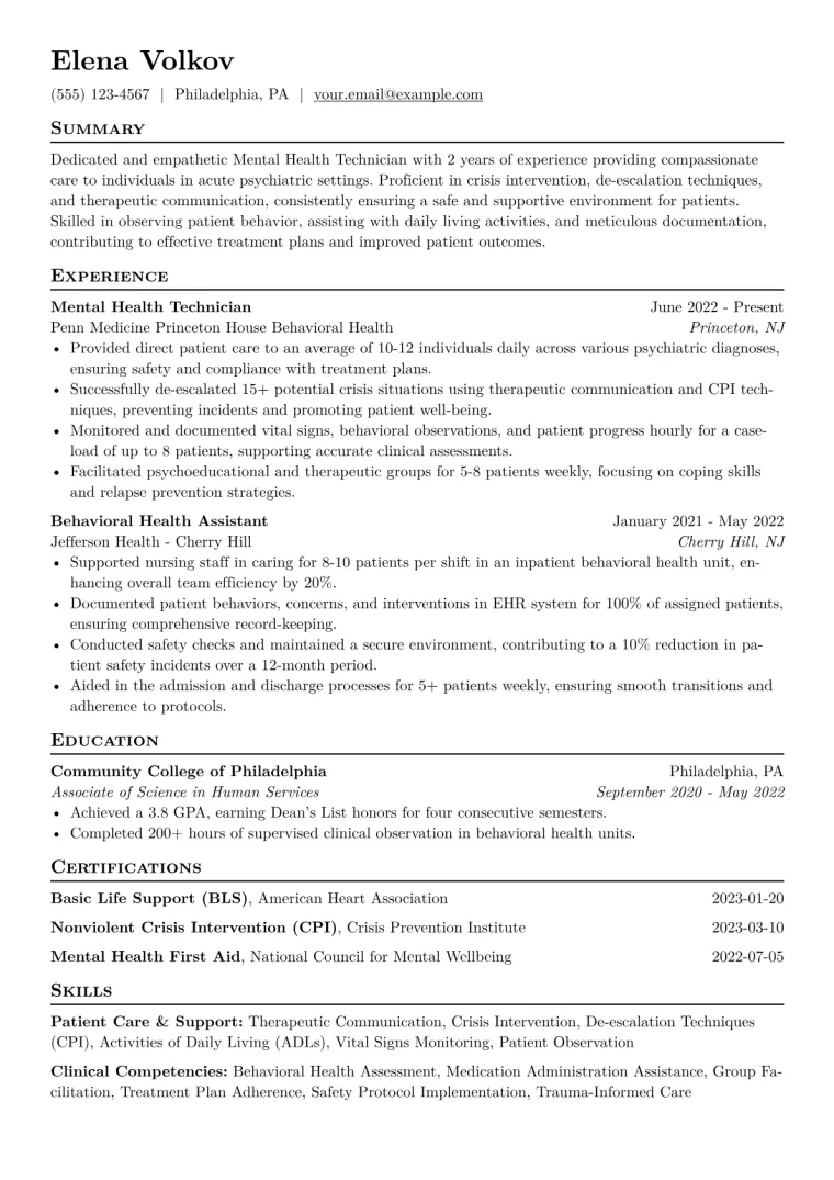 Mental Health Technician Resume Example