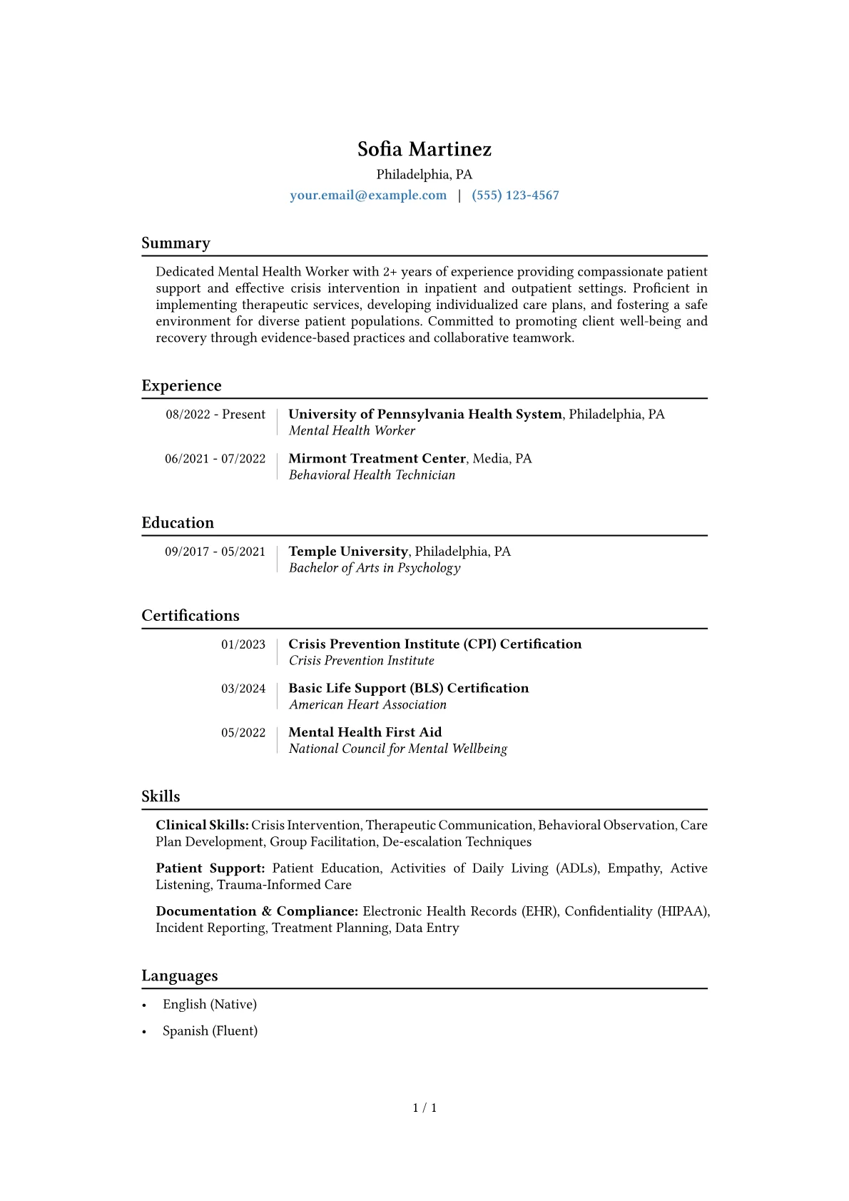 Mental Health Worker Resume Example CV template - Page 1