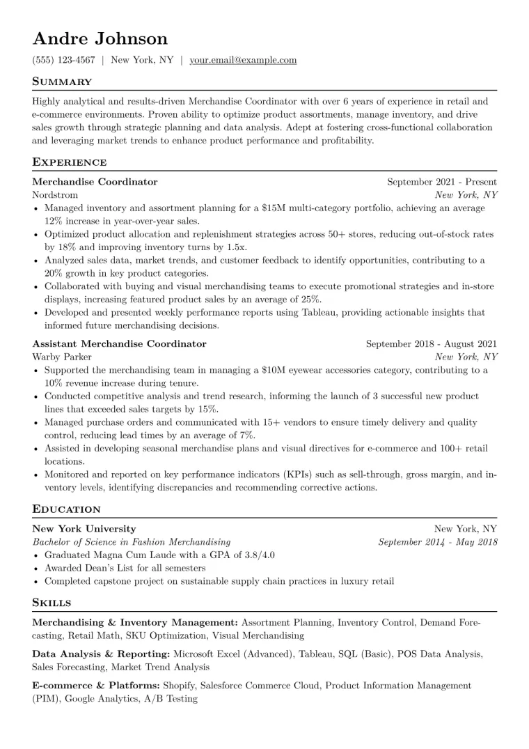 Merchandise Coordinator Resume Example CV template preview