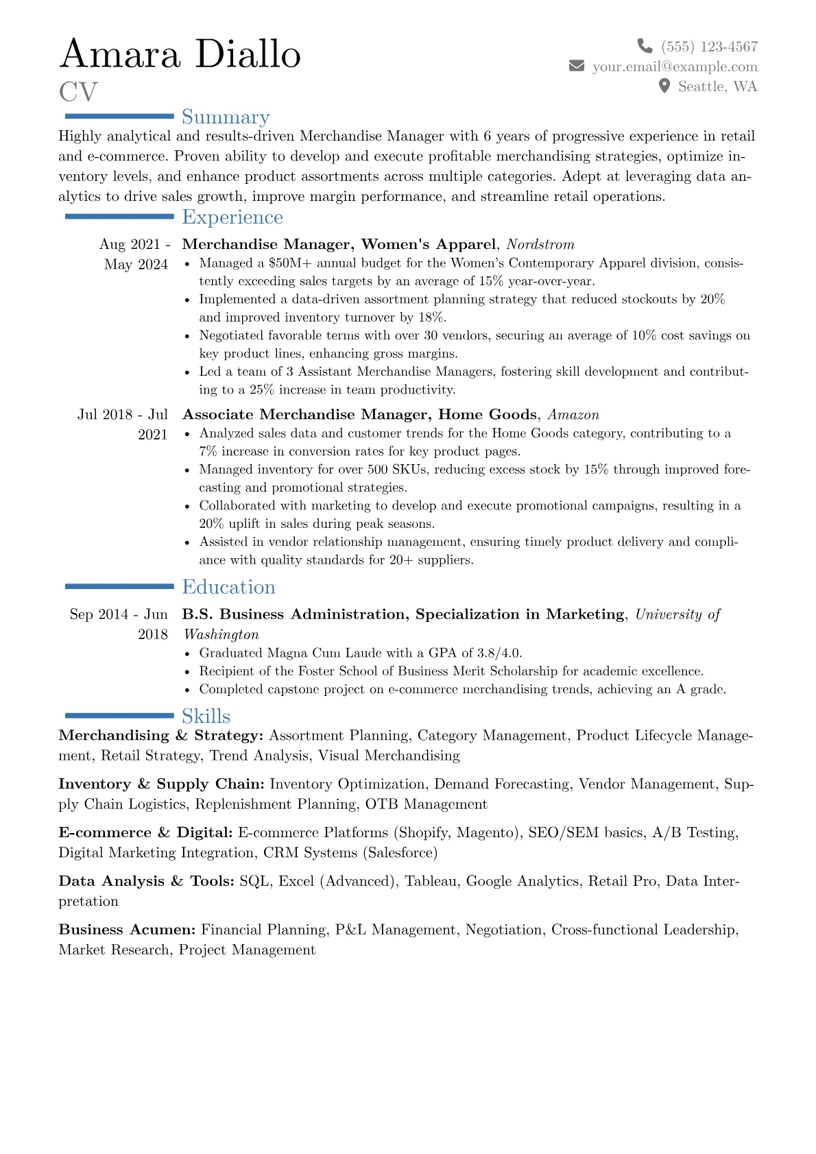 Merchandise Manager Resume Example CV template - Page 1