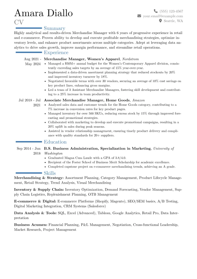 Merchandise Manager Resume Example CV template preview