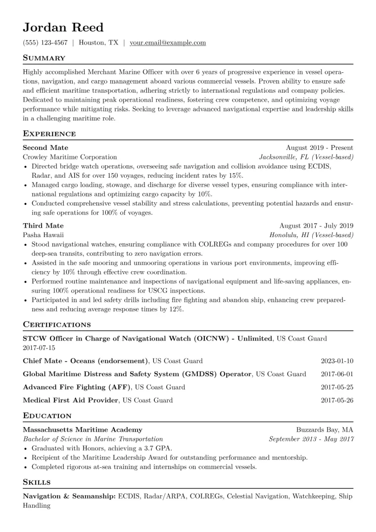 Merchant Marine Officer Resume Example CV template preview