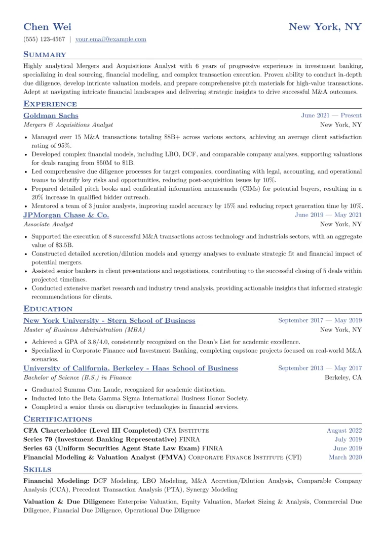 Mergers and Acquisitions Analyst Resume Example CV template preview