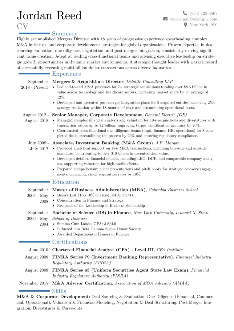 Mergers Director Resume Example CV template preview