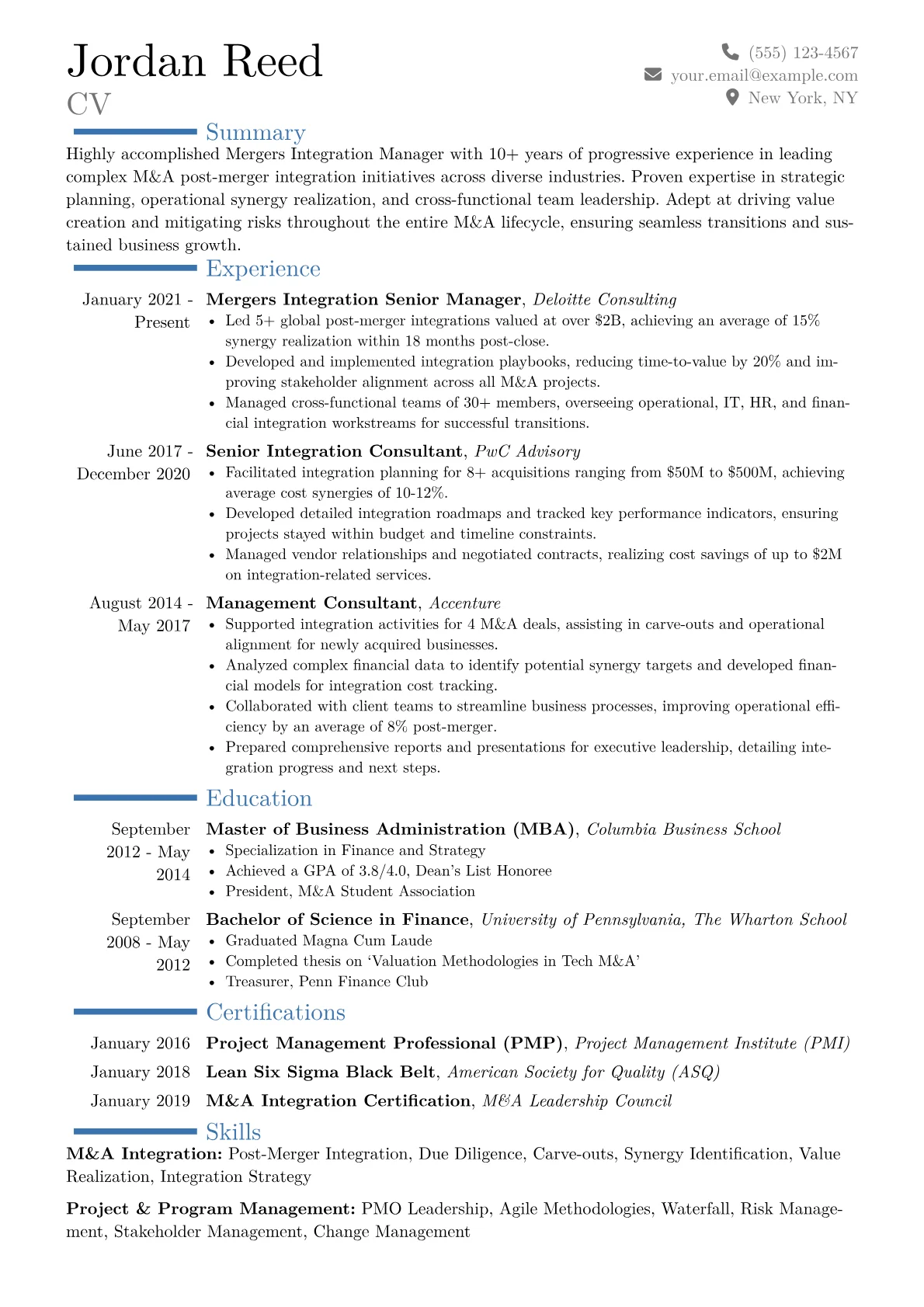 Mergers Integration Manager Resume Example CV template - Page 1