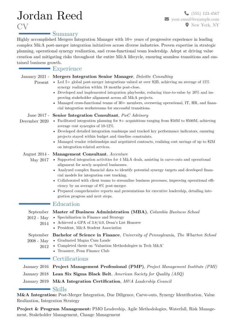 Mergers Integration Manager Resume Example CV template preview