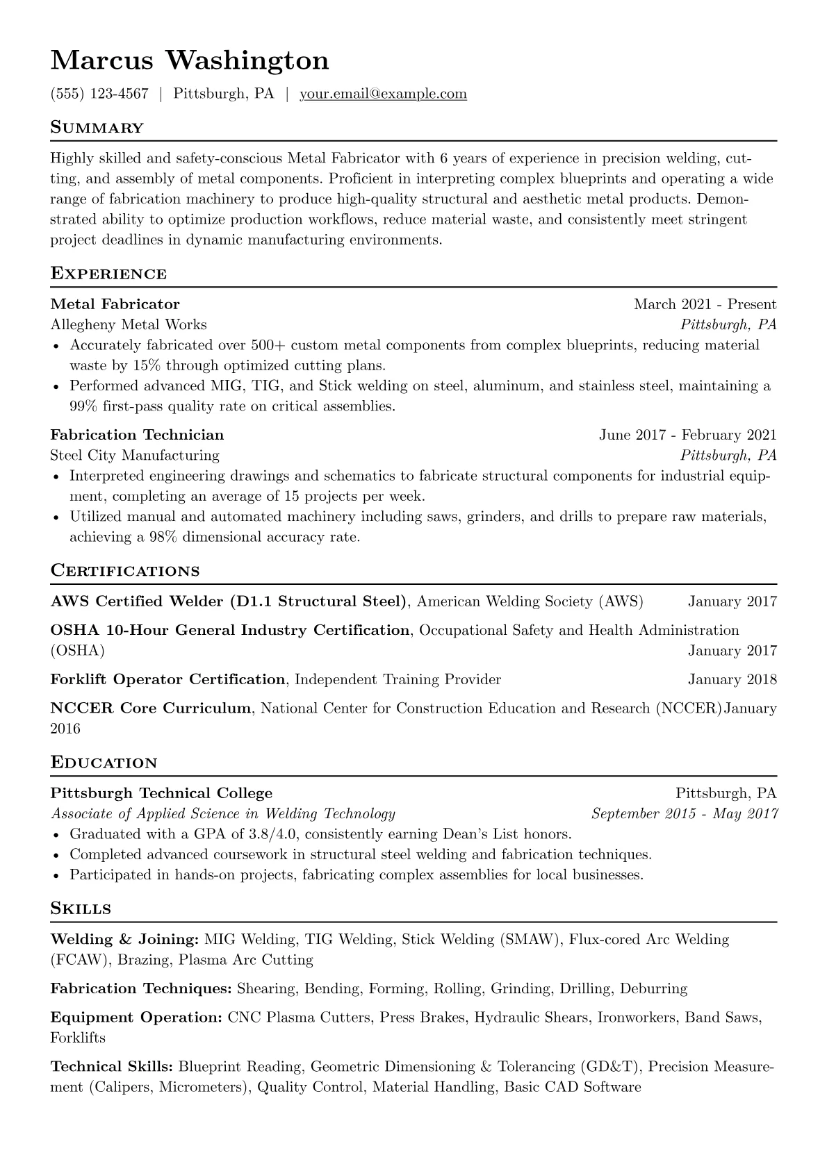 Metal Fabricator Resume Example CV template - Page 1