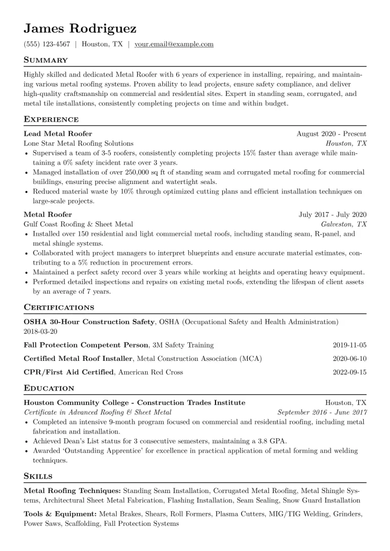 Metal Roofer Resume Example CV template preview