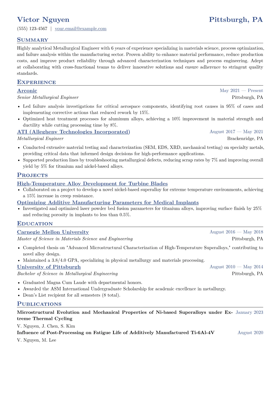Metallurgical Engineer Resume Example CV template - Page 1
