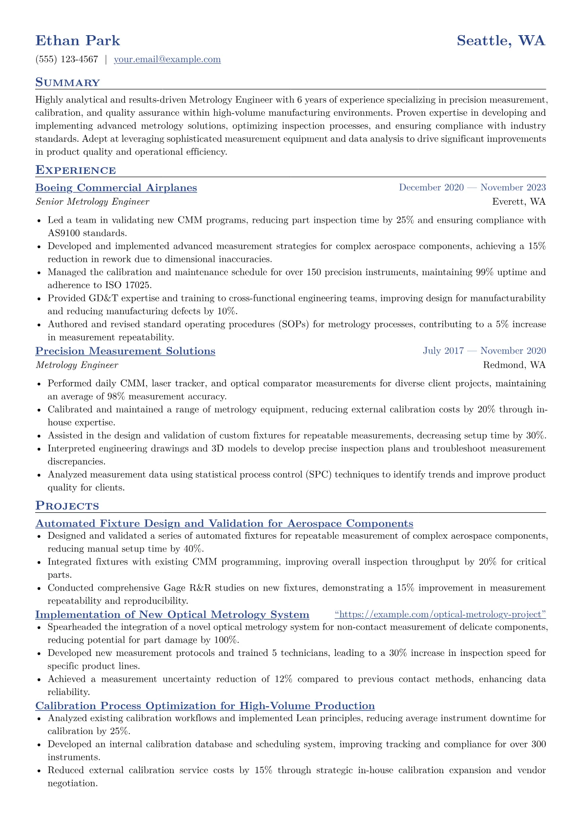 Metrology Engineer Resume Example CV template - Page 1