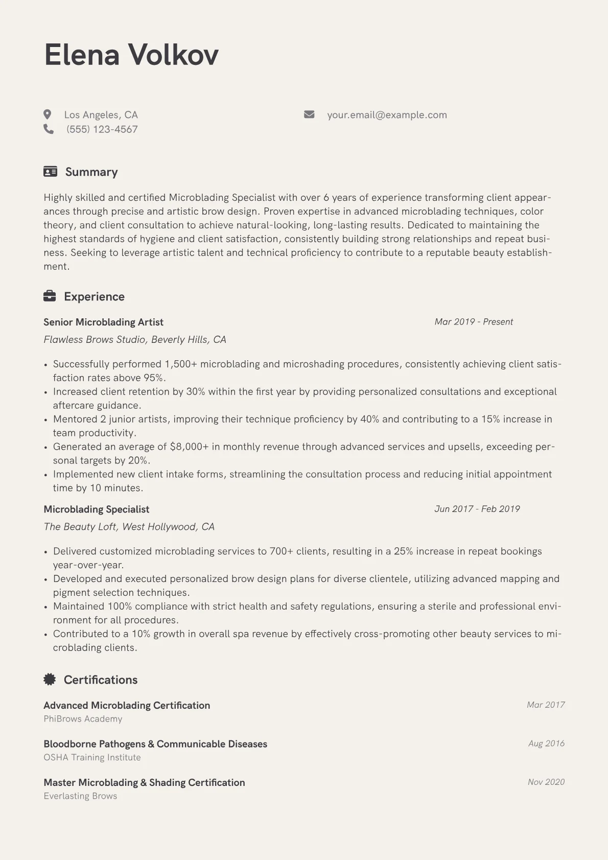 Microblading Specialist Resume Example CV template - Page 1