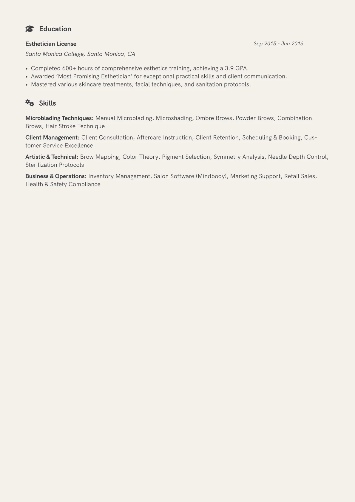Microblading Specialist Resume Example CV template - Page 2