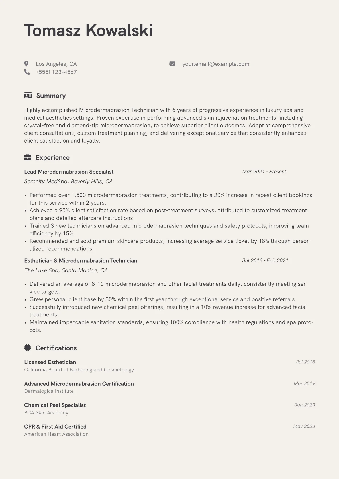 Microdermabrasion Technician Resume Example CV template - Page 1