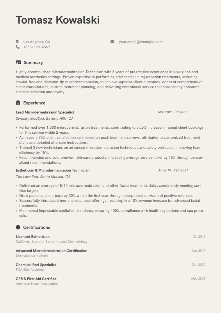 Microdermabrasion Technician Resume Example CV template preview