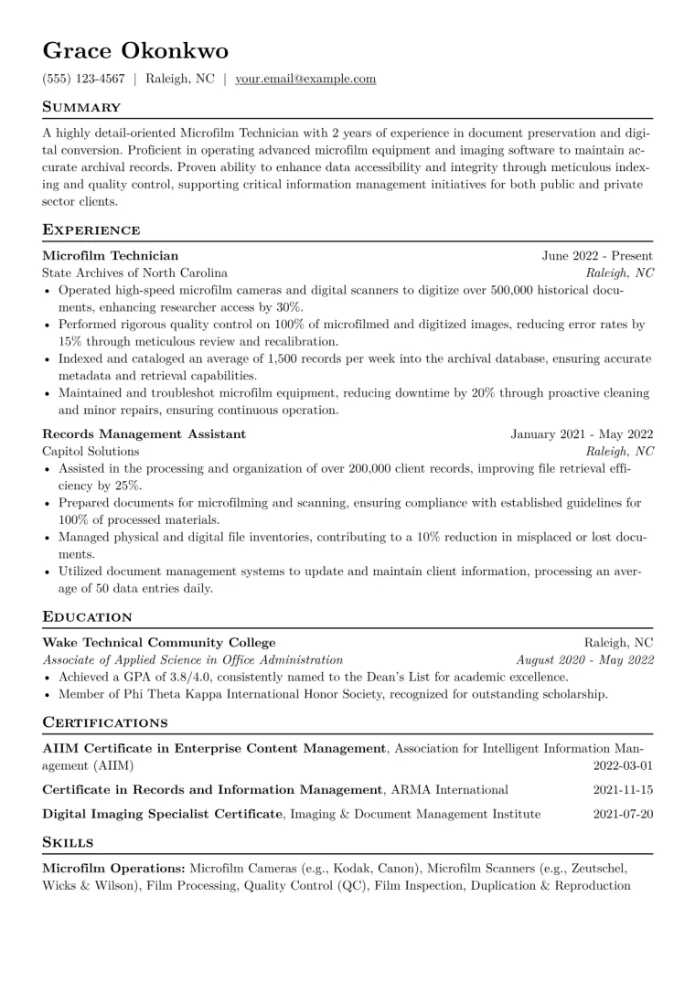 Microfilm Technician Resume Example CV template preview