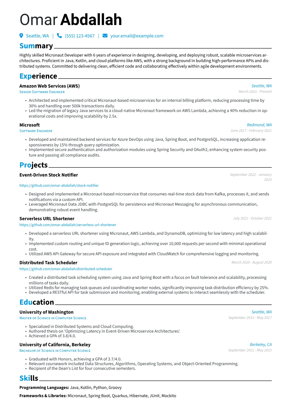 Micronaut Developer Resume Example CV template - Page 1