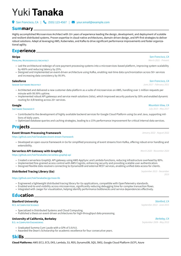 Microservices Architect Resume Example CV template preview