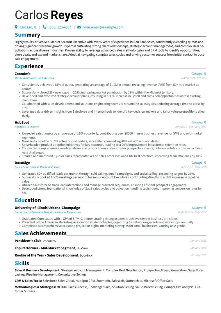 Mid-Market Account Executive Resume Example CV template preview