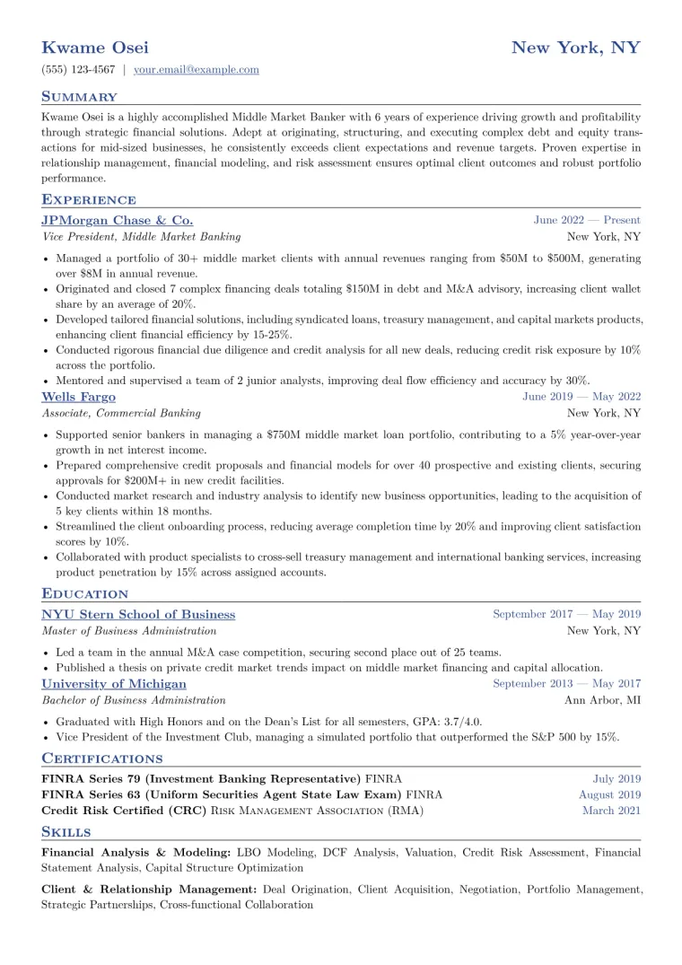 Middle Market Banker Resume Example CV template preview