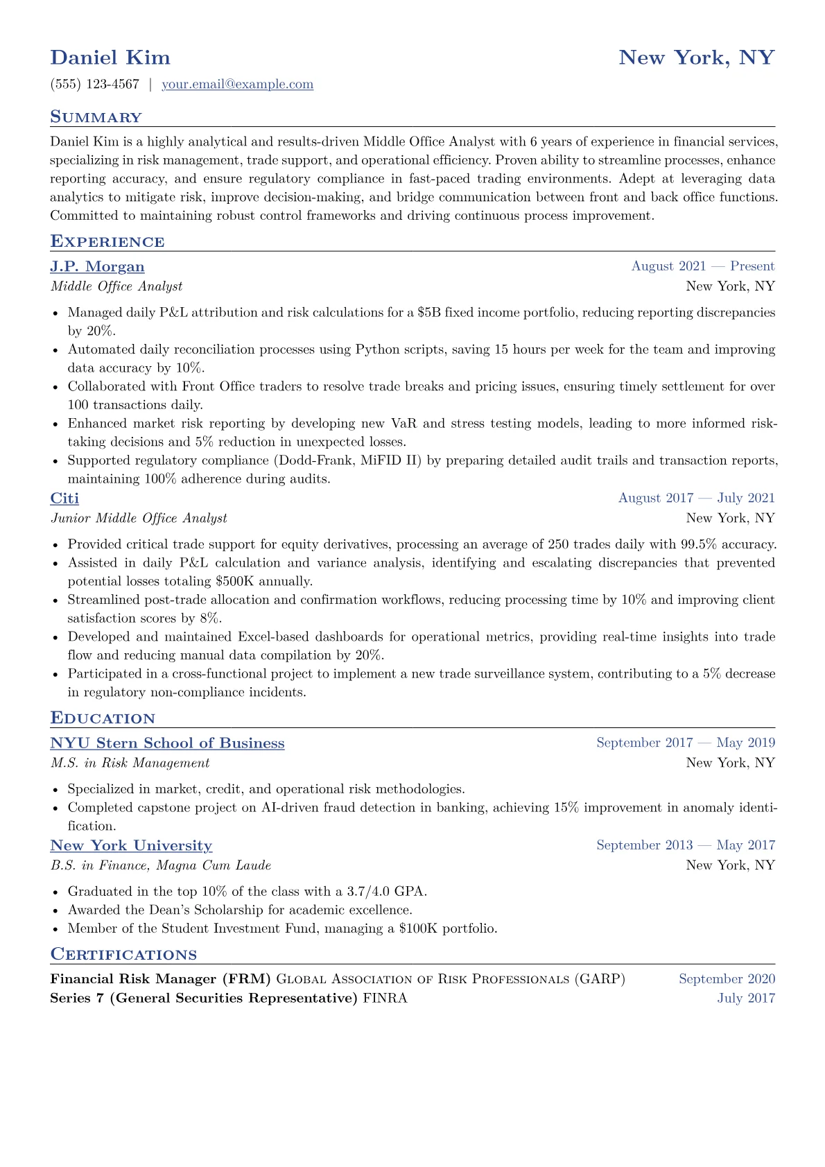 Middle Office Analyst Resume Example CV template - Page 1