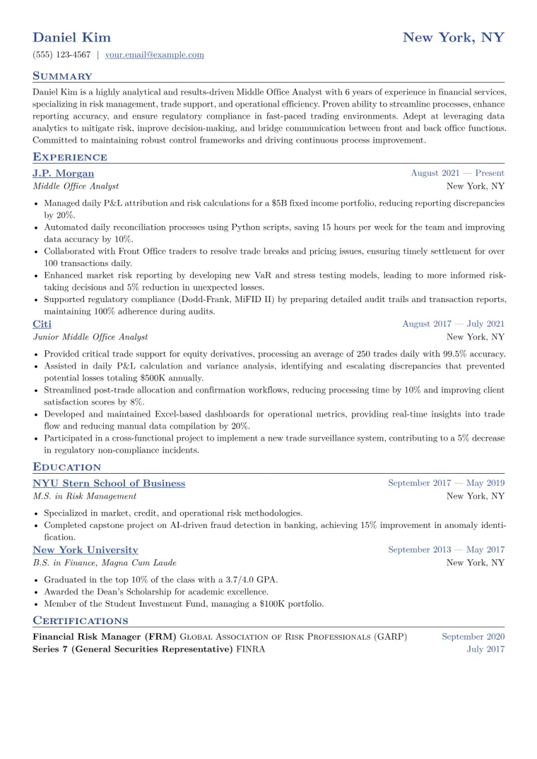 Middle Office Analyst Resume Example CV template preview