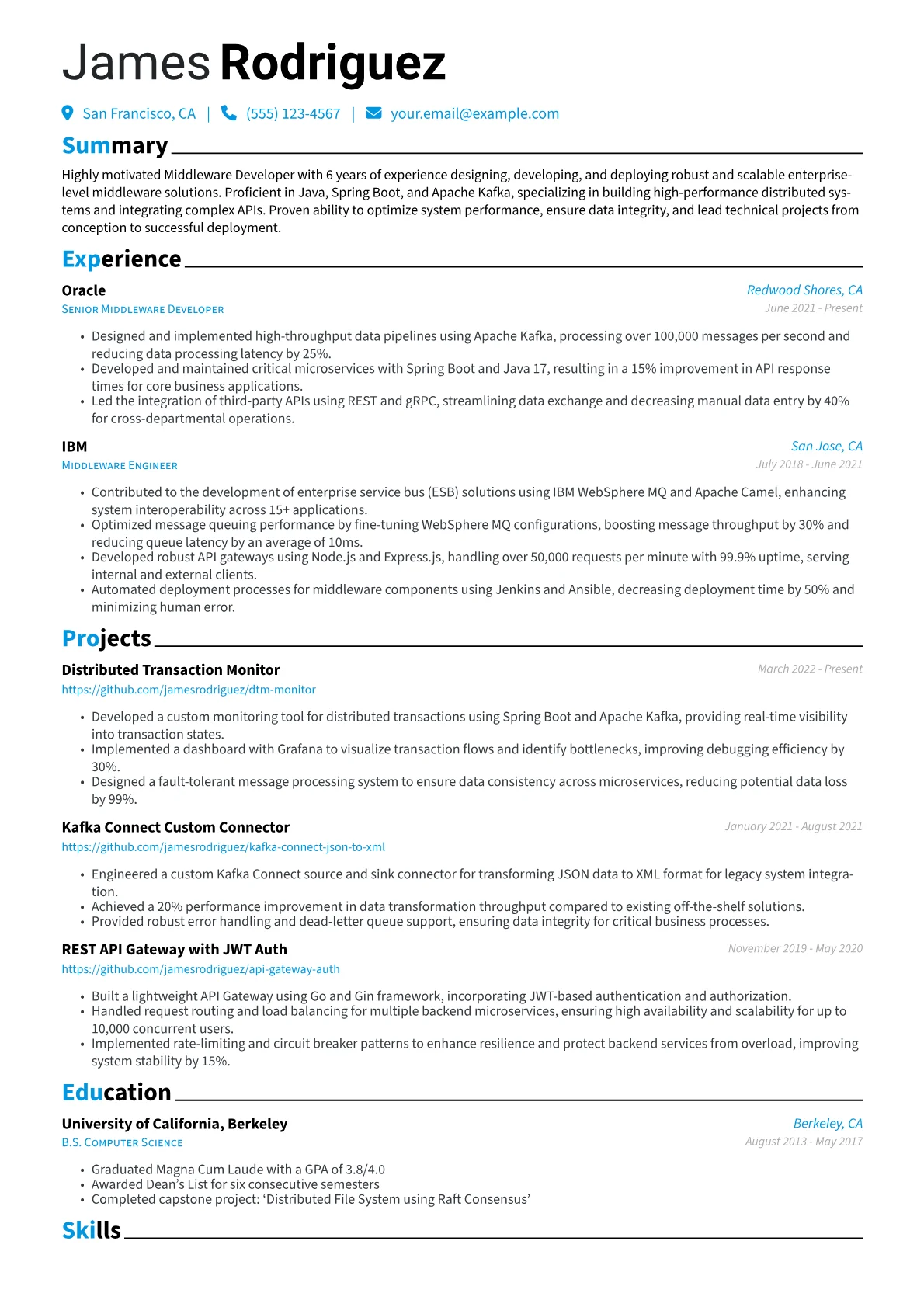 Middleware Developer Resume Example CV template - Page 1