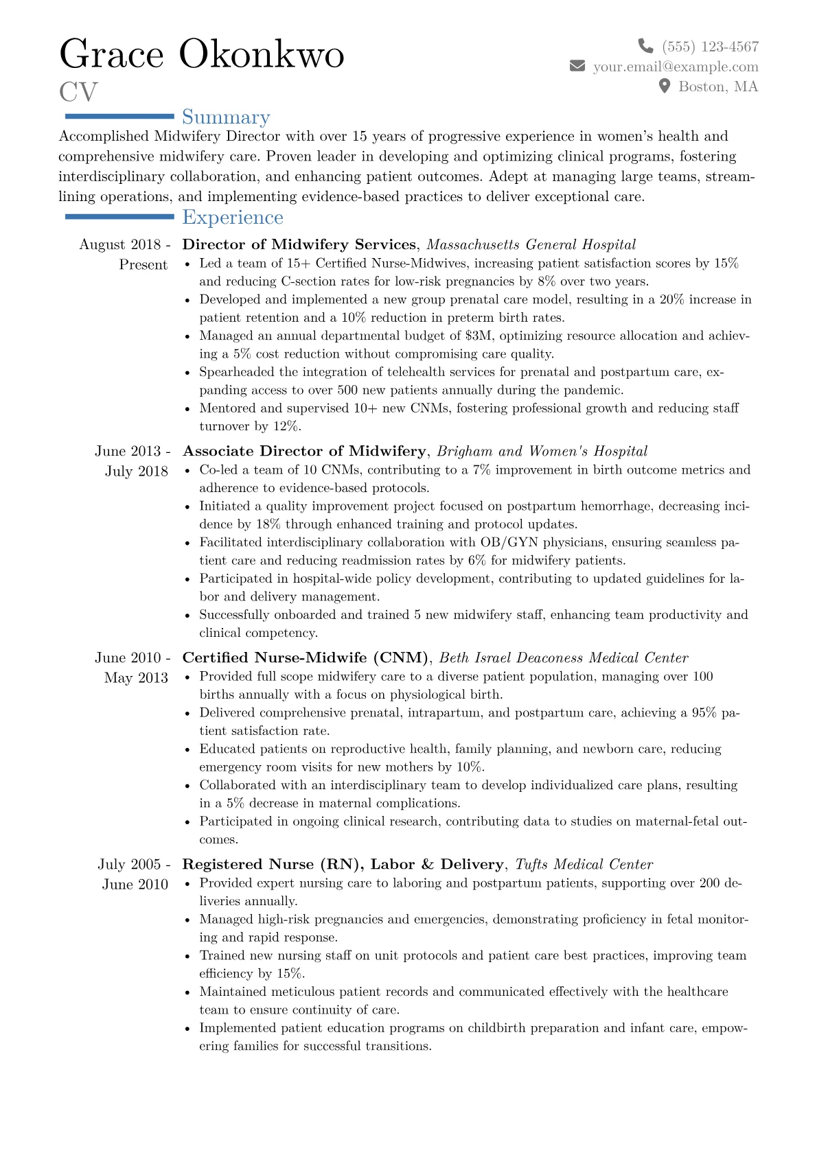 Midwifery Director Resume Example CV template - Page 1