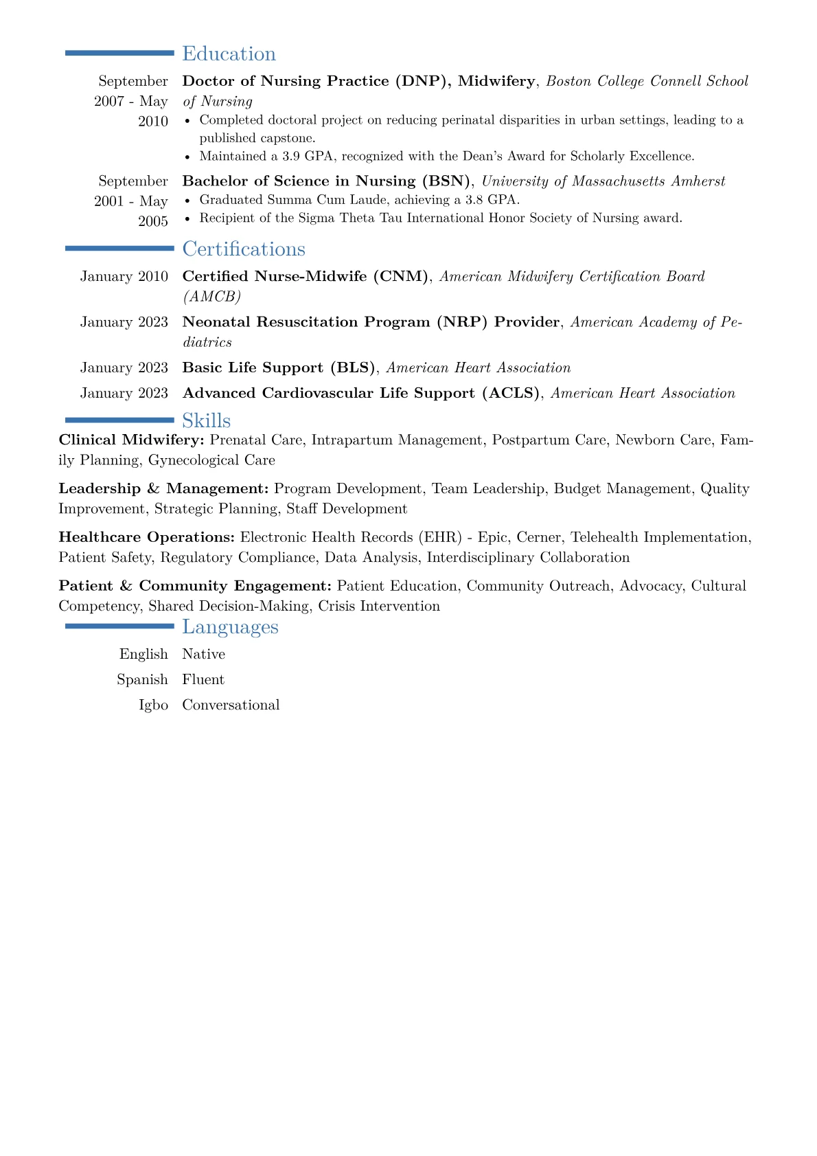 Midwifery Director Resume Example CV template - Page 2