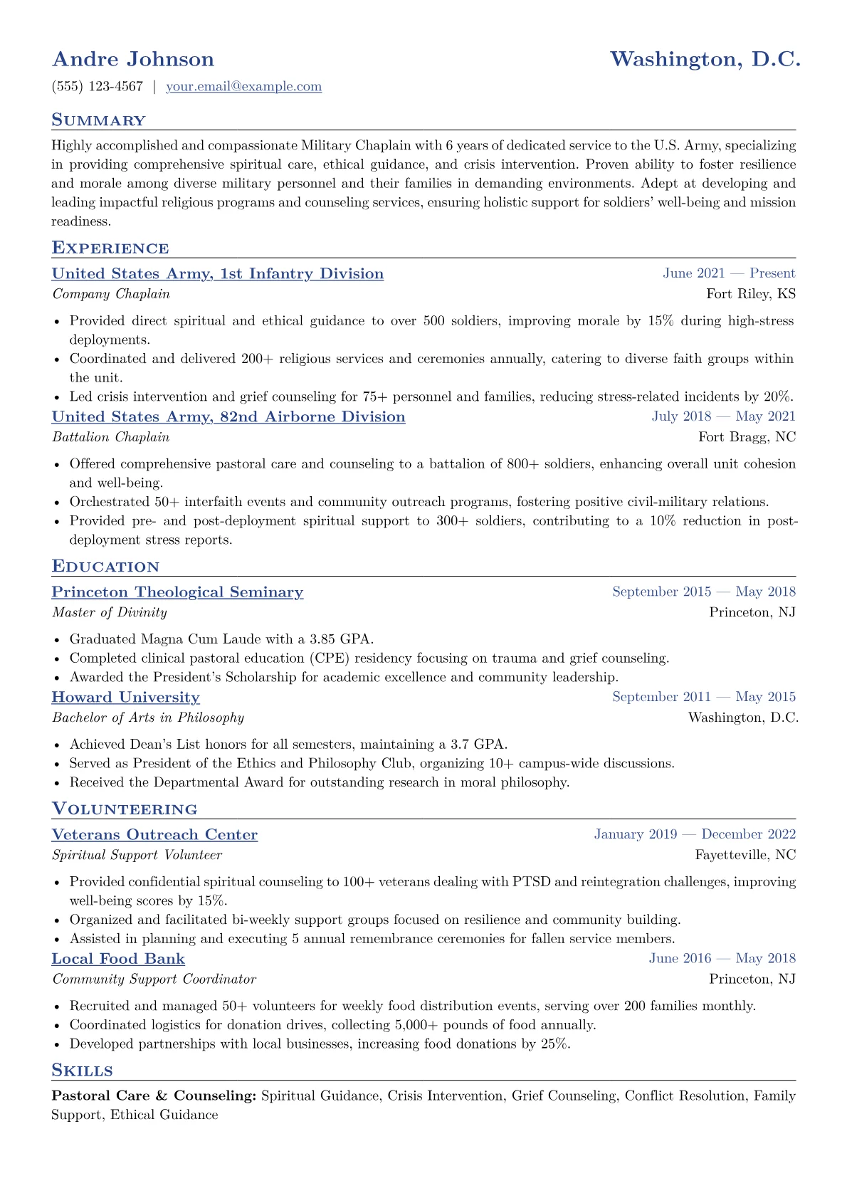 Military Chaplain Resume Example CV template - Page 1