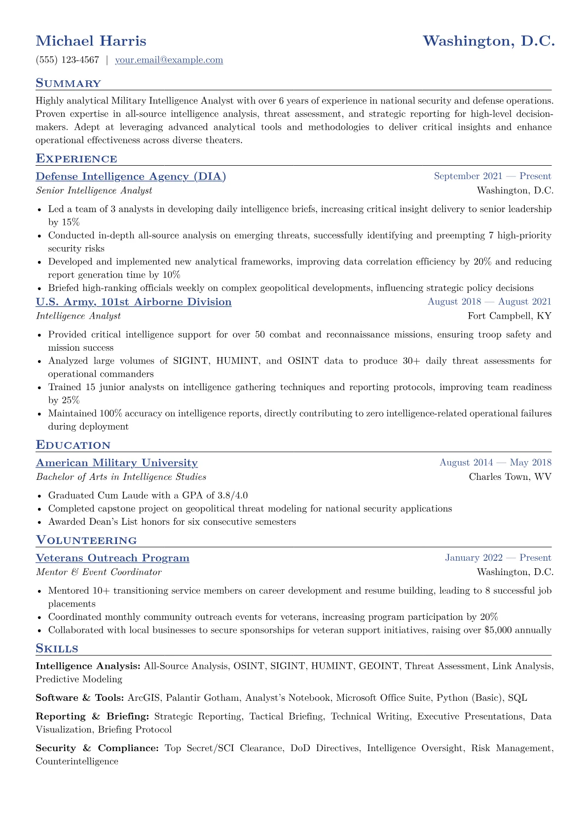 Military Intelligence Analyst Resume Example CV template - Page 1