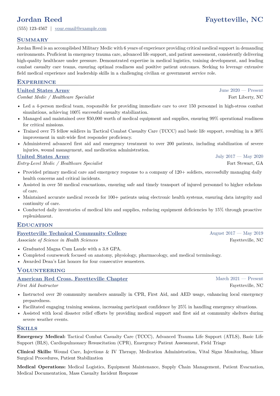 Military Medic Resume Example CV template - Page 1
