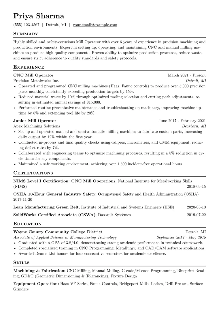 Mill Operator Resume Example CV template preview