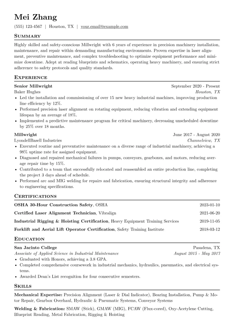 Millwright Resume Example