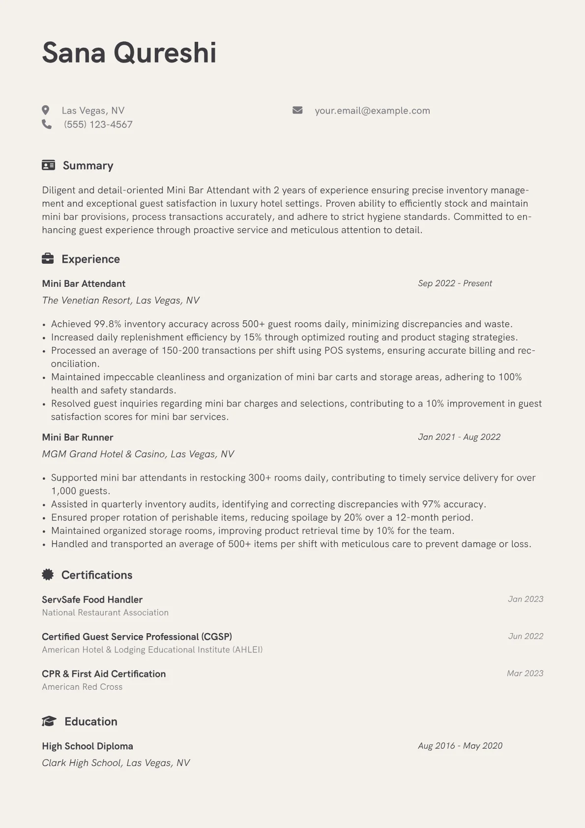 Mini Bar Attendant Resume Example CV template - Page 1
